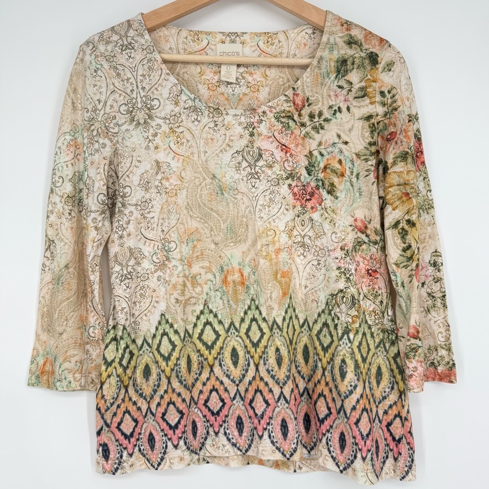 Chico's Beige Floral Paisley Watercolor 3/4 Sleeves‎ Shirt Top Size 0 Small